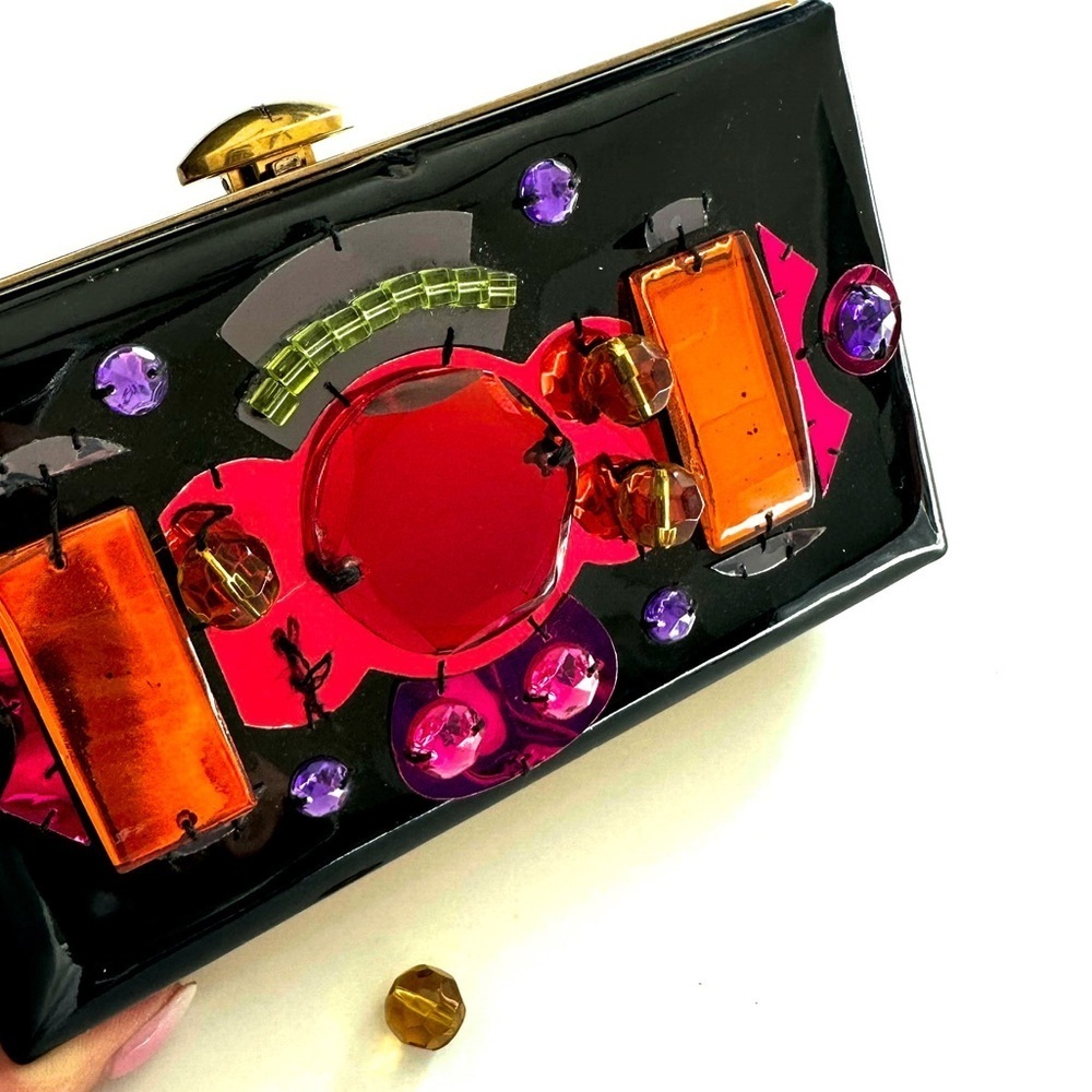 Rare Vintage Yves Saint Laurent Jeweled Patent Leather Minaudière Clutch - Picture 7 of 14